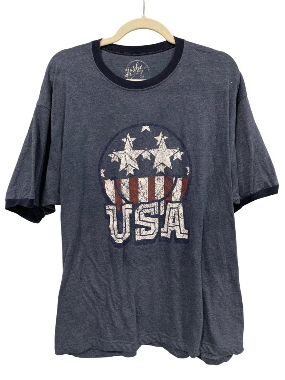 She Shed Tshirt 2XL USA Patriotic Graphic Short Sleeve Stars Stripes 4th Of July